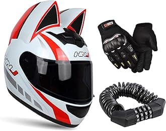 Personality Cat Ear Full Face Motorcycle Street Helmets Men Women Cat Helmet with Ears, with Gloves & Password Lock,White Orange,M