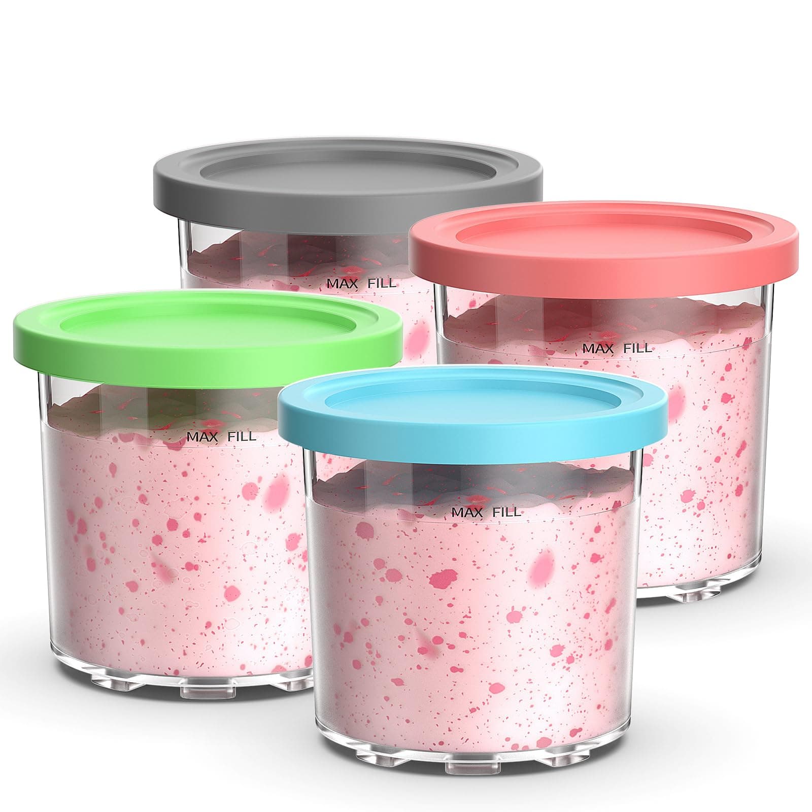 Ninja Creami Replacement Pint and Lid Containers - 4 Pack, 16 oz Creamy Ice Cream Cup Jar Canister Set for NC299AMZ & NC300s Series Ice Cream Makers - Airtight Dishwasher Safe
