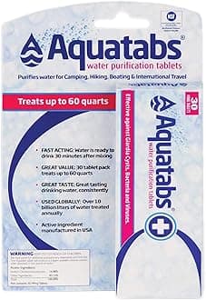 49mg Water Purification Tablets (30 Pack). Water Filtration System for Hiking, Backpacking, Camping, Emergencies, Survival, and Home-Use. Easy to Use Water Treatment and Disinfection.