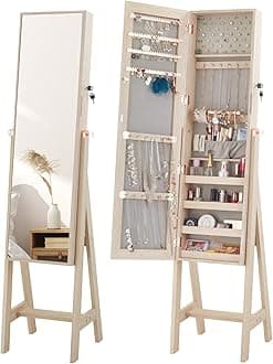 LUXFURNI Mirror Jewelry Cabinet Armoire with 3-Way Mount, Standing, Wall or Door Mounted, Jewelry Organizer with Full-Length Mirror, Lockable, Large Storage, Oak