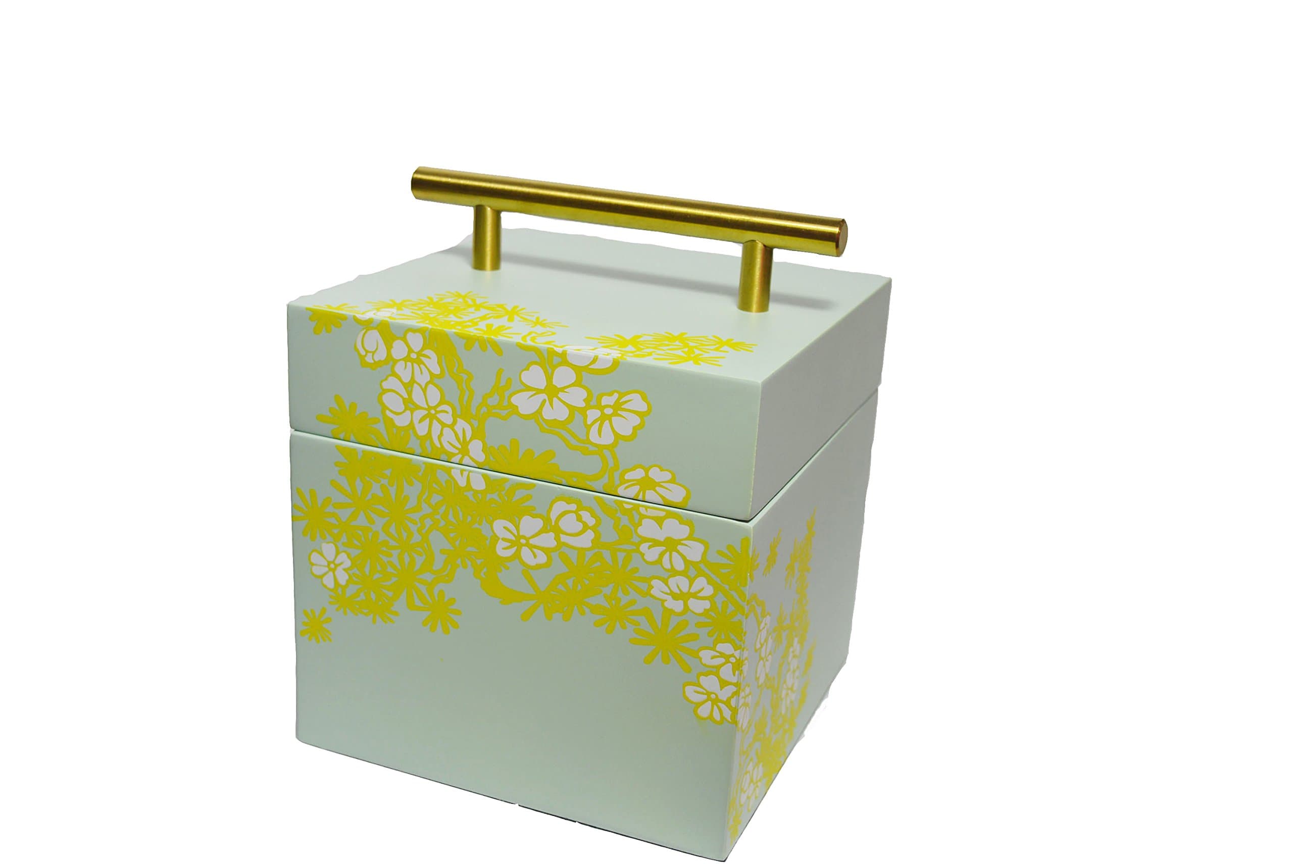 Wooden decoration box keepsafe box laquer box cheery bloom light green paint with metal handle lift lid for home decor wedding study room decor living room decor tall square Cube