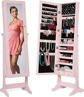 Best Choice Products Freestanding Jewelry Armoire Cabinet, Full Length Standing Mirror, Lockable Makeup Storage Organizer, w/Velvet Interior, 3 Tilt Angles, Accessory Pouch, 5 Shelves - Dusty Pink