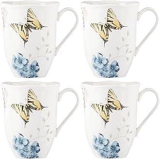 Butterfly Meadow Hydrangea 4-Piece Porcelain Mug Set, 4 Count (Pack of 1), Multi