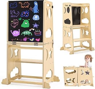 Toddler Kitchen Stool Helper, 4 in 1 Toddler Standing Tower Collapsible Kids Step Stool, Child Standing Tower for Toddlers 1-3 with Safety Rails