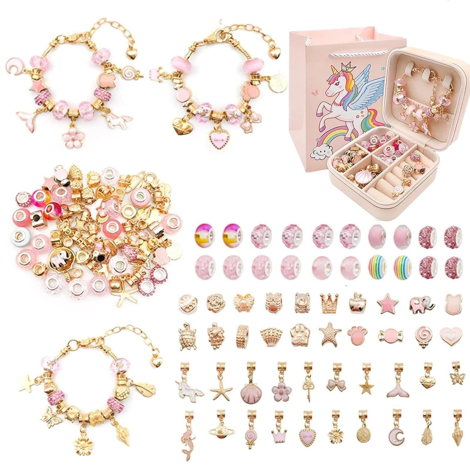 Beauenty Bracelet Making Kit for Girls,66PC Gold Charm Bracelets Kit with Jewelry Box, Bracelets for DIY Craft, Jewelry Gift for Adults and Kids，Gifts For 8-12 Year Old Girl (gold)