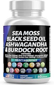 Sea Moss, Black Seed Oil, Ashwagandha, Turmeric, Bladderwrack, Burdock, Plus Vitamin C, D3, Elderberry, Manuka, Dandelion, Iodine, Chlorophyll, and ACV for Daily Wellness.
