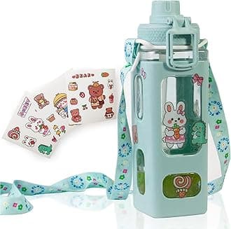 Kawaii Water Bottle for Kids Cute Water Bottles with Straw Portable Square Drinking Bottle, Leakproof Water Jug for Girls, 30 oz (Green-900ml)