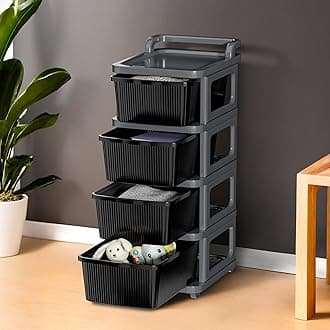 Kuber Industries 4 Layer Heavy Duty Plastic Storage Drawer with Wheels | Modular Cabinet for Bedroom, Office, Home | Chest of Drawers Organiser for Cosmetics, Kitchen items, Toys | Grey & Black