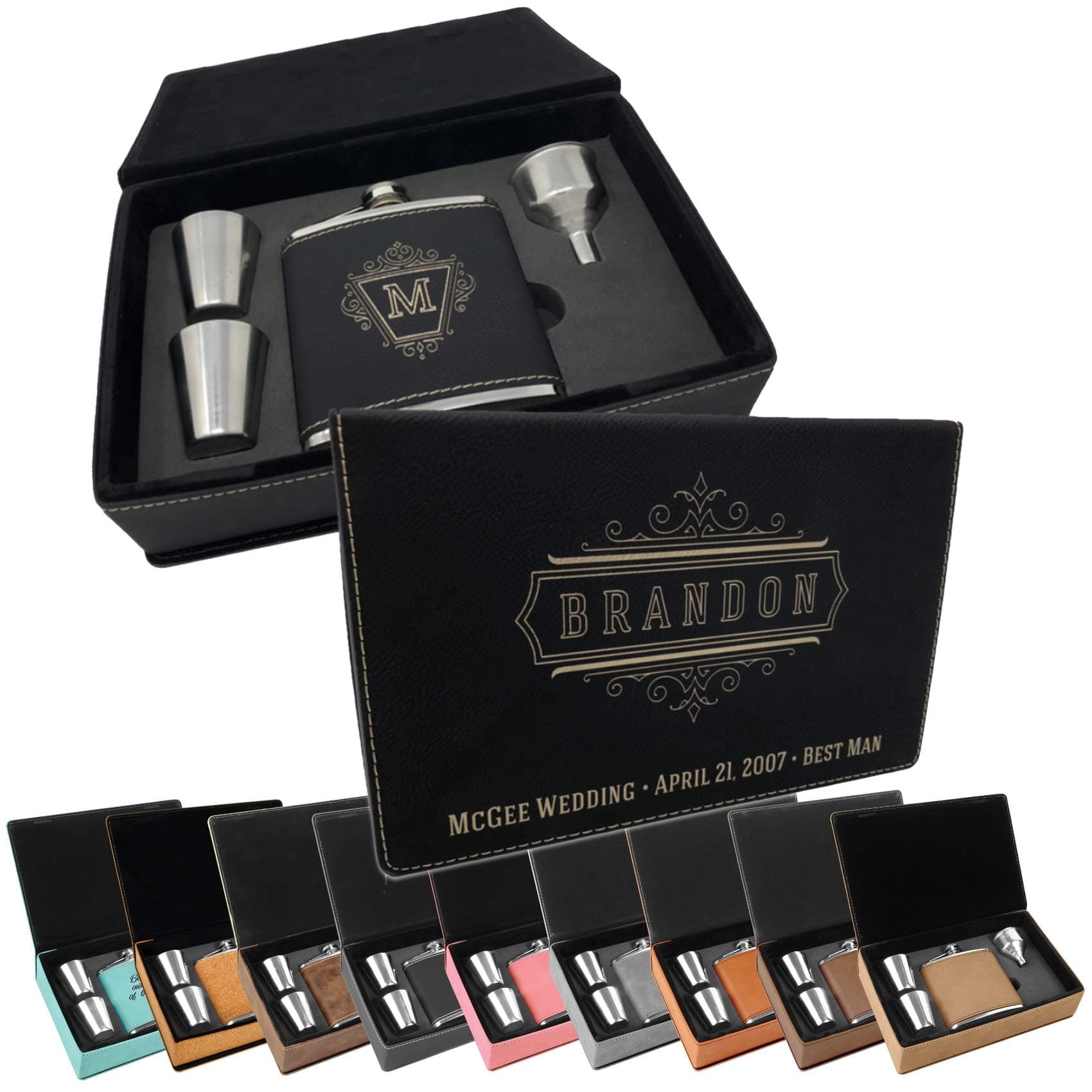 Personalized Leatherette Flask Set - Free Engraving on Leather Gift Box and Flask (Black w/Silver Engraving)