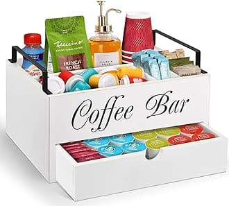ugiftt Coffee Bar Accessories Organizer Countertop, Wood Station With Handle, K Cup Storage Basket Pod Holders With Drawer, Farmhouse Condiment Organizer for Bar Decor