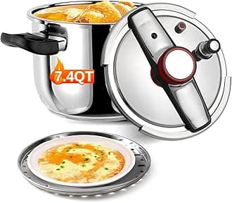 Pressure Cooker 7.4 QT, Stainess Steel Pressure Canner 7.4 Quart, Explosion-Proof Cookware, Rotating Lock/Unlock Lid, One-handed lid opening, Thickened Silicone Ring And Anti-scald Handle, Silver