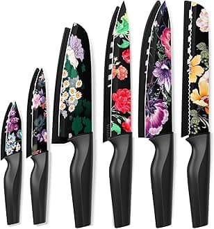 Knife Set, 12-Piece Flower Kitchen Knives Sets with Blade Guards, Dishwasher Safe, German High Carbon Stainless Steel, Perfect Gifts for Kitchen