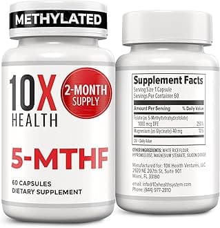 10X Health 5-MTHF Methylfolate - Methylated Folate & Magnesium for Brain, Heart Health, DNA & Neurotransmitter Synthesis - Bioavailable Methyl Folate Supplement - Methylfolate Supplement 60 Capsules