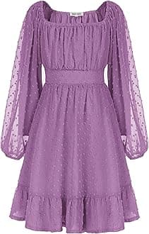 GRACE KARIN Girls Ruffle Tiered Dress Long Sleeve Swiss Dot Flowy A-Line Dress 6-12Y