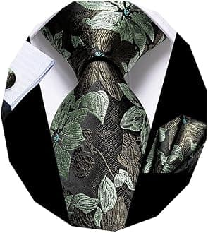 Mens Tie Set Solid Paisley Silk Striped Necktie for Men with Cufflinks Tie and Pocket Square