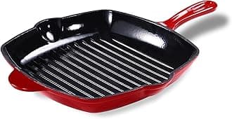CAROTE 10" Cast Iron Grill Pan Skillet Frying Pan, Oven, Stovetop, Grill, Campfire & Induction Compatible, Durable, Non-Toxic, Even-Heating Cookware, Red, Square