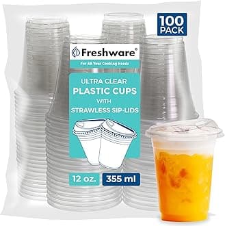 Clear Plastic Cups with Strawless Sip Lids [100 Cups - 12 oz] Disposable Cups for Iced Coffee, Smoothie, Milkshake, Cold Drinks