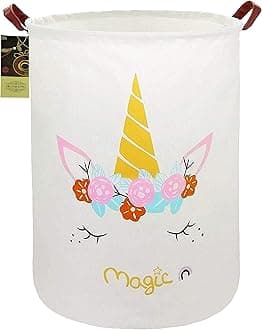 HUNRUNG Laundry Hamper,Large Canvas Fabric Lightweight Storage Basket Toy Organizer Dirty Clothes Collapsible Waterproof for College Dorms, Children Bedroom,Bathroom (Round-Magic-Unicorn)