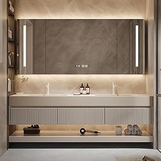 Double Sink Bathroom Vanity - Solid Wood Bathroom Vanity with Smart Defog Mirror Cabinet ＆ LED Light, Floating Bathroom Sink Cabinet with Abundant Storage Space (64''), Off-White