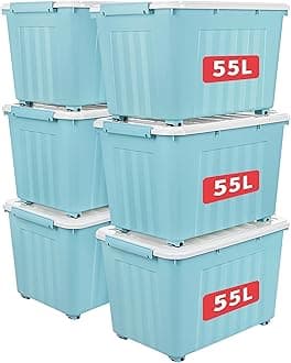 Cetomo 55L*6 Storage Boxes with Lids, Plastic Storage Box with Wheels and Secure Side Latches, Stackable & Nestable Organizer for Home, Office, Moving, PP, Blue, 55L-6 Pack