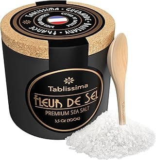 Fleur de Sel - Premium Sea salt from Guerande France - Flaky Sea Salt from the Celtic Sea - Salt Cork box and Wooden salt spoon included - 3.5 Oz (100g)