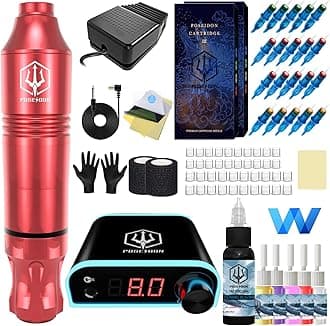 Tattoo Kit POSEIDON Rotary Tattoo Pen Kit for Beginners Tattoo Machine Kit with Power Supply and 20 Pcs Tattoo Cartridge Needles, 6 Color Tattoo Inks with Foot Pedal Tattoo Gun for Artists(TK019)