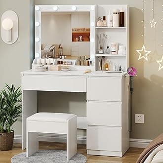 Vanity Desk with Mirror & 10 Lights, Power Outlet Makeup Vanity Desk Modern Dressing Table with Drawers and Shelves Adjustable Brightness Storage Organizer & Stool Included for Bedroom