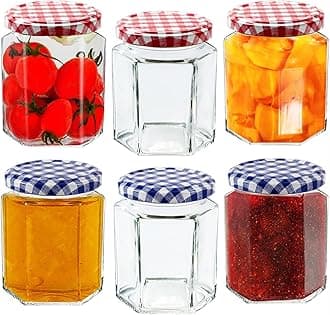 Offer Shop Jam Jars with Lids Hexagonal Glass Jars with Red and Blue Lid| 280ml Mason Jars Airtight | Perfect for Jam packing Pickle Spices- Pack 6