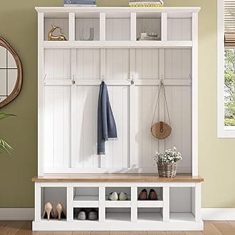 Merax Wood Hall Tree Entryway Bench with Storage Cabinet, 6 Hooks Coat Racks for Entrance, Hallway White
