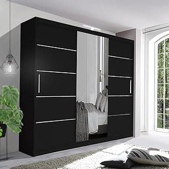 Contemporary Bedroom Sliding Wardrobe with LED Light - Spacious and Stylish Design comes in White/Grey/Black/Oak and Width 120cm/150cm/180cm/203cm/250cm (Black, 250cm)