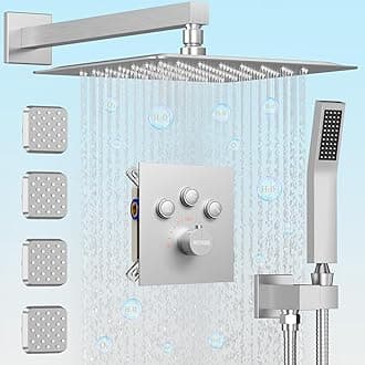 Shower System with Body Jets, Bostingner 12" Rain Shower Head with Handheld Spray and 4 Body Jets,Can Run Together,3 Way Thermostatic Volume Adjustable Valve Shower Faucet Sets, Brushed Nickel