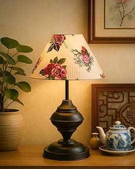 Homesake ® Black Metal Table Lamp with Fabric Shade, Incandescent, E27 Holder, Urn, (Cone Rose)