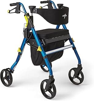 Premium Empower Folding Mobility Rollator Walker with Memory Foam Seat, Black & Blue, 300 lb. Weight Capacity, 8” Wheels, Cupholder, Rolling Walker for Mobility Impairment, Adjustable Handles