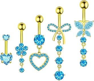 Belly Button Ring Dangle Navel Belly Piercing Jewelry Cute Pink CZ Heart Butterfly Bow Flower Navel Belly Rings for Women 14G Silver Stainless Steel Dainty Dangly Dangling Belly Button Piercing