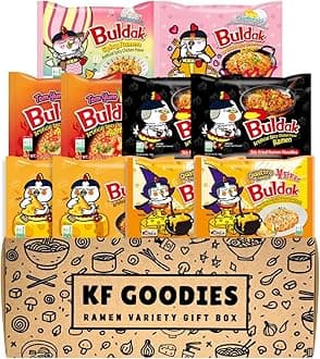 KF GOODIES Korean Ramen Variety Pack Gift Box (10 Count - Carbonara, Cream Carbonara, Cheese (2), Original (2), Quattro Cheese (2), Tom Yum (2)) – Spicy Buldak Noodle Assortment for Birthdays, College Care Packages, Office Snacks, and Gift Baskets