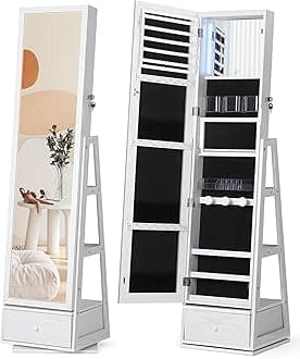Nicetree 360° Rotating Jewelry Cabinet with Lights - Full-Length Mirror Jewelry Armoire Organizer with Touch Screen Vanity Mirror, Storage Drawers & Shelves for Necklaces, Earrings, White