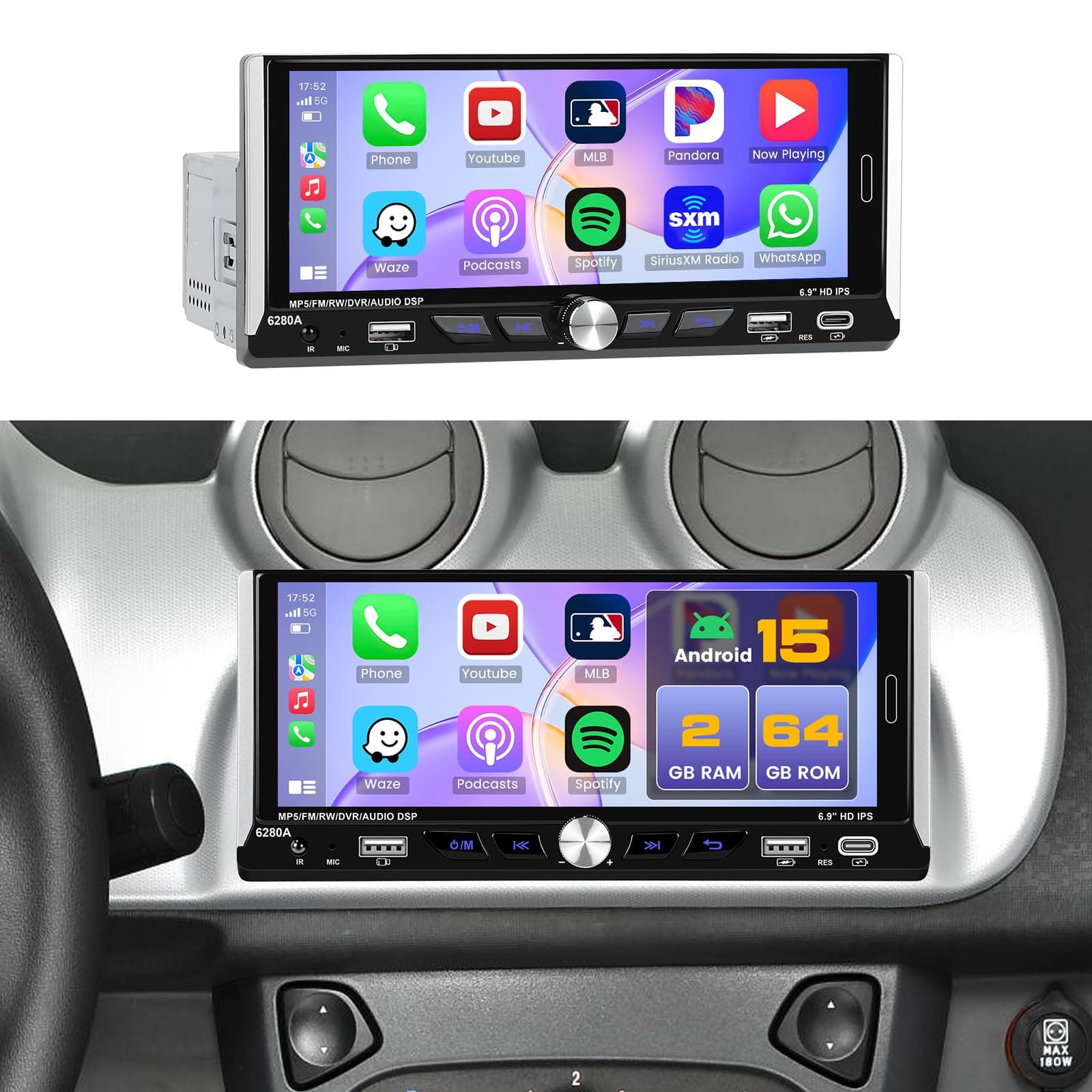 2+64G Single Din Car Stereo Wireless Apple CarPlay Android Auto, 6.9 inch Android 15 Touch Screen Radio WiFi Bluetooth GPS FM RDS USB/Type-C+Free AHD Backup Cam
