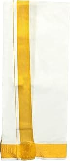 Gowri Tex Men's 100% Pure Cotton White With Gold Jari Lungi in Size 2 Mtrs Single Lungi- Pack Of 1