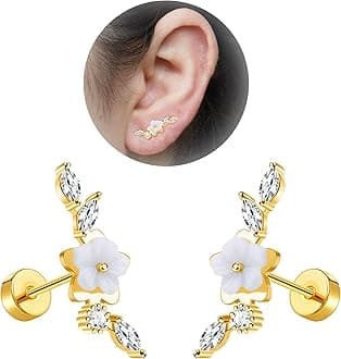 20G Cartilage Earrings for Women 14K Gold Stainless Steel Flat Back Cartilage Stud Earrings for Sensitive Ear Leaf Opal CZ Handmade Helix Conch Piercing Jewelry