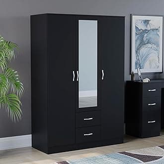 Riano Wardrobe, With Shelf & Hanging Rail Bedroom Storage Furniture (Black, 3 Door Mirrored)