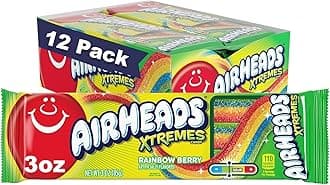 Airheads Xtremes Belts Candy, Chewy Candy Package, Rainbow Berry Fruit Flavor Artificially Flavored, 3 Ounces (12-Pack)