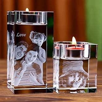 Personalized 3D Photo Crystal Candle Holder,Custom Engraved Crystal Candelabra with Your Own Picture Text,crystal Candle, Anniversary Christmas Birthdays Gifts for Dad, Mom, Him, Her (5x5x12cm)