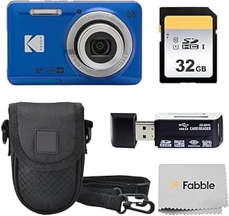 PIXPRO FZ55 16MP Digital Point & Shoot Camera, 5X Optical Zoom, 28mm Wide Angle, 1080P Full HD Video, Bundle with 32GB SD Card, Protective Case, and Hi-Speed Card Reader (Blue)