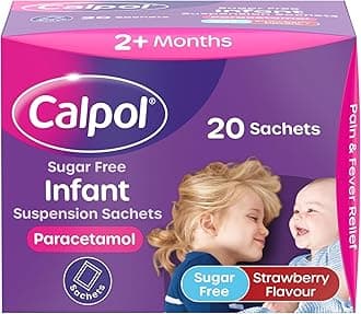 Calpol Sugar-Free Infant Suspension Paracetamol Sachets (20 x 5ml), Calpol Sachets with Strawberry Flavour Paracetamol for Fever & Pain Relief, Suitable for 2+ Months Babies &Kids