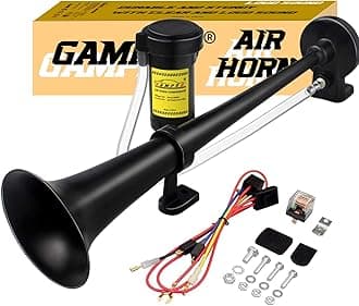 GAMPRO 12V 150DB Car Air Horns, 18 Inches Chrome Zinc Single Trumpet Truck Air Horn with Compressor for Any 12V Vehicles Trucks Lorrys Trains Boats Cars (BLACK)