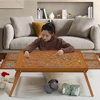TEAKMAMA 1500 Piece Wooden Jigsaw Puzzle Board with 4 Drawers, Folding Puzzle Table with Protective Cover, Jigsaw Board with Legs, Multifunctional Game Table for Adults, 34W x 26.3D, Brown