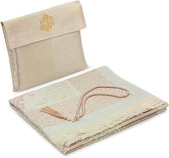 Muslim Prayer Rug with 99 Beads Tasbih & Travel Bag, Soft Taffeta Sajadah, Lightweight & Foldable Janamaz, Portable Prayer Mat, Islamic Gift for Eid, Ramadan, Hajj & Umrah, Gold