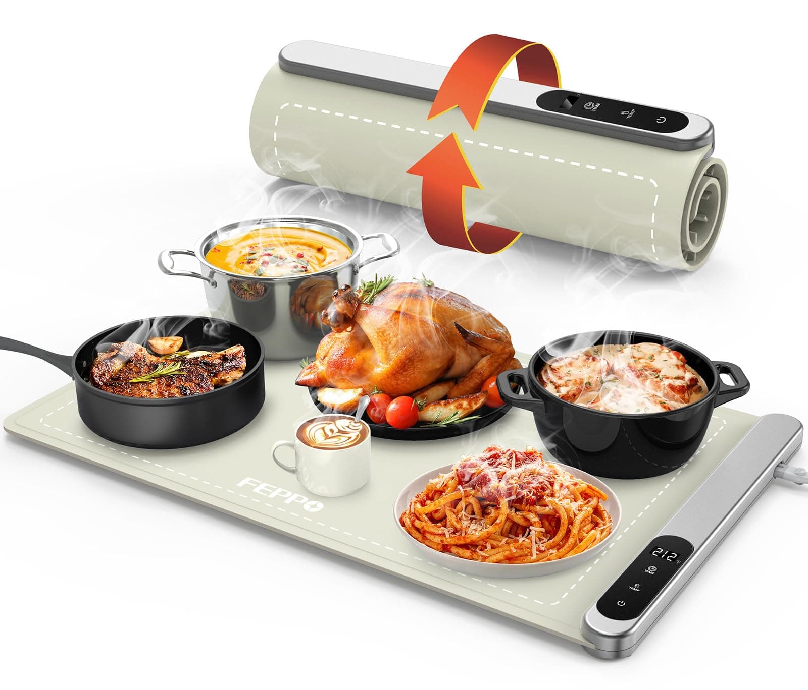 FEPPO Electric Food Warming Mat with 6 Level Adjustable Temperature and 6 Hours Timer, Foldable Roll Up Food Warmers for Parties Buffet, Silicone Fast Full Surface Heating Mat for Food