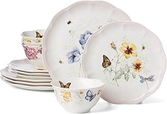 Lenox Dinnerware Set, Butterfly Meadow Pink 12-Piece Set, Service For 4, Porcelain Bowls, Plates And Bowls Set, Microwave Safe, Dishwasher Safe, Dishes, Home & Kitchen (Assorted, 12 Pieces)