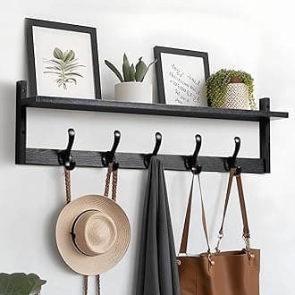 - 29'' Coat Rack Wall Mount with Shelf, Wood Wall Hooks with Storage, Entryway Shelf with 5 Coat Hangers for Bathroom, Living Room, Bedroom, Black